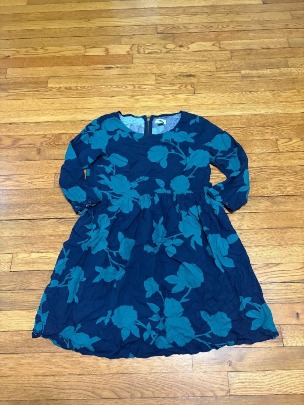 Old Navy Womens Floral Dress Size Medium Blue 3/4 Sleeve Fit Flare Rayon @ Knee